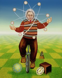 Einstein sjonglerer med tiden, 2000 (olje og tempera på panel)