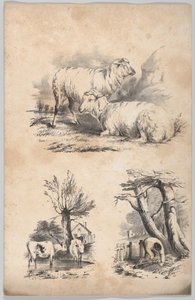 Vignette med to sauer, Vignette med to kyr i et basseng, og Vignette av en vedsanker..., 1847.