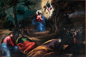 Bønnen i oliventrærnes hage Til høyre kommer Judas sammen med soldatene for å stoppe Jesus Kristus. Maleri av Francesco Bassano den unge (ca. 1549-1592) Venezia, Chiesa del Redentore, Italia av Francesco Bassano