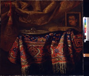 Stilleben med selvportrett. (Stilleben med selvportrett). Maleri av Francesco Fieravino (mellom 1610 og 1660). Italiensk kunst, barokkstil. Regionalt A. Deineka kunstgalleri, Kursk, Russland av Francesco (b.1640) Fieravino
