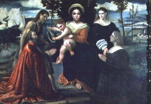 Madonna og Child tronet med helgener og givere av Francesco Torbido