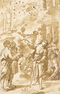 Josef fortalte drømmen sin til faren og brødrene og peker på elleve stjerner på himmelen av Francesco Albani