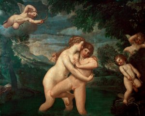 Salmacis i badet frastøtt av Hermaphrodite Nymfen Salmacis, eprise av sønnen til Hermes og Afrodite, ser sine fremskritt frastøtes - Maleri av Francesco Albani dit l