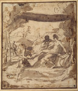Venus, tilbakelent under en rustikk baldakin, med Adonis som fester sandalen (penn og blekk med vask på papir)