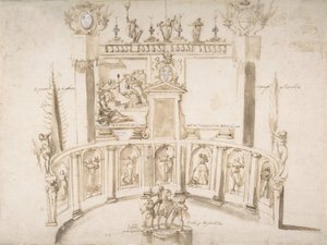 Design for en hagefest med en halvsirkulær vegg og statuer i nisjer., ca. 1635-79.