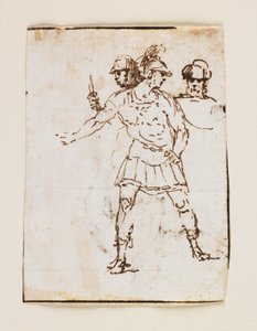 Studie av to romerske soldater og en skjeggete figur (recto); Studie av en skjeggete mann som går med en pinne (verso) (penn og brunt blekk)