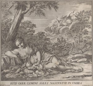 Latona og hennes sovende tvillinger, Apollo og Diana, i et landskap, 1705. av Francesco Antonio Meloni