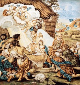 Krybbe, malt majolica-plate, av Francesco Antonio Xaverio Grue (1686-1746), Abruzzo Castelli-produksjon, Italia av Francesco Antonio Xaverio Grue