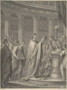 Den romerske generalen Julius Cæsar innvier tempelet for Venus Genetrix på Cæsars forum i Roma, 46 f.Kr. av Francesco Bartolozzi