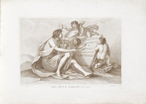 Titteltrykk med personifisering av maleri Ciprianis tegningsprinsipper (serietittel) Ciprianis rudiments of drawing (serietittel på objekt) av Francesco Bartolozzi