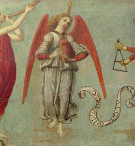 Engel som spiller sekkepipe, ca. 1475-97 tempera på paneldetalj av 64871, se også 64873 og 64874