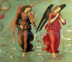 Engler som spiller fele og pipe, ca. 1475-97 tempera på paneldetalj av 64871, se også 64872 og 64873