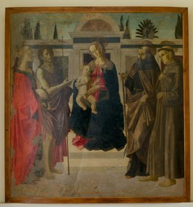 Madonna og barn med Maria Magdalena, døperen Johannes, St. Zenobius og St. Frans (tempera på tre)