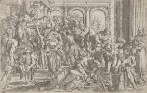 Saint Roch til venstre deler ut almisser til en gruppe mennesker samlet rundt ham, etter ..., 1590-1600.