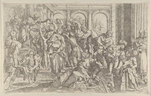 Saint Roch til venstre deler ut almisser til en gruppe mennesker samlet rundt ham, ca. 1590-1600.