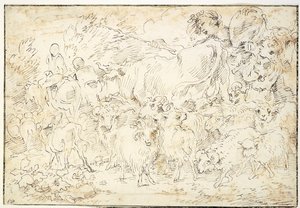 Hyrder med geiter, sauer, en ku og en gjeterhund av Francesco Castiglione