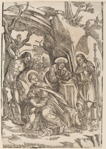 Den hellige familie med Saint Sebastian og Saint Roch av Francesco Denanto