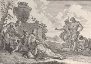 Satyr med klubb og syv figurer, fra Bacchanals and Histories, 1744. av Francesco Fontebasso