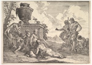 Satyr med klubb og syv figurer, fra Bacchanals and Histories, 1744. av Francesco Fontebasso