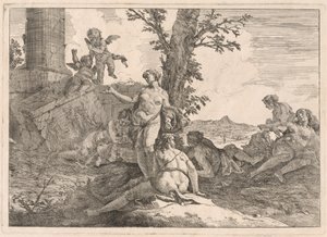 Seks nymfer og to amoriner i et landskap av Francesco Fontebasso