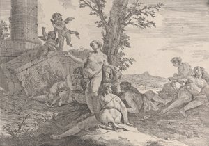 Seks nymfer og to putti, fra Bacchanals and Histories, 1744. av Francesco Fontebasso