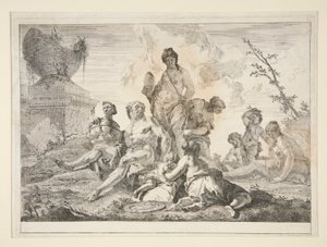 Venus, Vulcan, tre nymfer og tre kjeruber i et landskap av Francesco Fontebasso