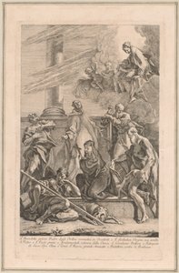 Madonnaen og barnet med to engler og hellige Scholastica, Benedict, Roch, Peter, Paul og Jerome av Francesco Fontebasso after Sebastiano Ricci