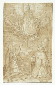 En kronet Madonna og barn, drapert med en mantel og tunge lenker, dukker opp i skyene, omgitt av engler og kjeruber, for to knelende helgener; den ene en soldat som er martyrdød, den andre en geistlig (Hyacintus?). En engel rekker et belte eller en rulle av Francesco Francia