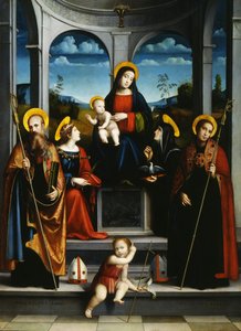Jomfru og barn med de hellige Benedikt, Justina, Placidus og Scholastica, ca 1515