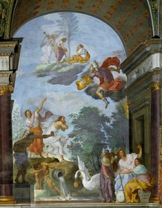 Allegori om Lawrence de Medici il Magnificents død (1449-1492). Til høyre, representasjon av skjebnens guder, kabinettene (eller parkene): Clotho, Lachesis og Atropos. Fresco av Francesco Furini (160).