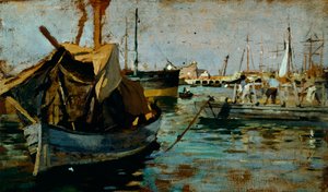 På jobb i Livorno havn (Leghorn) av Francesco Gioli (1846-1922), olje på panel, 22x38 cm