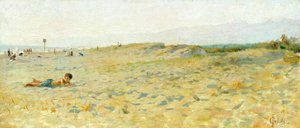 Strand i Cinquale av Francesco Gioli (1846-1922), olje på panel