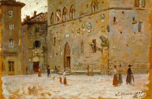 I square in Volterra av Francesco Gioli (1846-1922), olje på panel