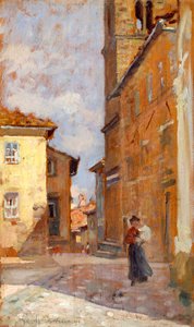På gaten i Volterra av Francesco Gioli (1846-1922), olje på panel, 38x23 cm
