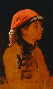 Rødt skjerf av Francesco Gioli (1846-1922), olje på panel, 28x17 cm