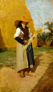 Study for Gleaner (female fieldhand) by Francesco Gioli (1846-1922), oil on panel, 32x19 cm   1414775   no       norwegian Successfully Translated  Original: Genoa, Duomo (St Lawrence Cathedral), sacristy, chapel: "Eucharistic Christ adored by Saints", by 