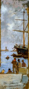 Utsikt over havnen i Livorno av Francesco Gioli (1846-1922), olje på lerret overført til papp, 38x12 cm