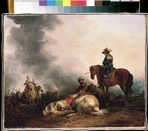 ""Etter slaget"" (Etter slaget) Allegori om krig, en kriger dreper. Maleri av Francesco Giuseppe Casanova (1727-1802) Mikhail Kroshitsky kunstmuseum, Sevastopol (Sevastopol) Ukraina