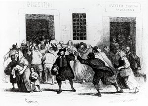 Plyndringen av bakeri med krykker, episode fra Troloved, av Alessandro Manzoni (1785-1873), illustrasjon av Francesco Gonin (1808-1889) 1840-utgaven