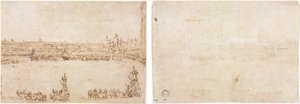 En prosesjon av triumfbiler på Piazza San Marco, Venezia, for å feire besøket til Conti del Nord (recto) Tre skisser av buer (verso) av Francesco Guardi
