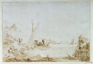 En kystscene, ca. 1770-80 (penn og brun vask med svart kritt på papir) av Francesco Guardi