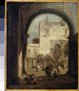 "Venetiansk Capriccio: utsikt over et torg og et palass" (Venetiansk Capriccio: utsikt over et torg og et palass) Maleri av Francesco Guardi (1712-1793) 1775-1780 Søn. 27x23 cm Hermitage Museum, St. Petersburg av Francesco Guardi