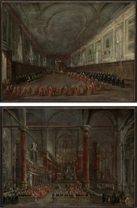 Pave Pius VI stiger ned tronen for å ta avskjed med dogen i SS-hallen. Giovanni e Paolo, 1782 og pavelig seremoni i SS. Giovanni e Paolo, Venezia, 1782 (par) av Francesco Guardi