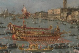 Bucintoro-festivalen i Venezia. Bacino di S. Marco med Bucintoro, Doges State Barge, på Kristi himmelfartsdag (detaljer), 1780-93 av Francesco Guardi