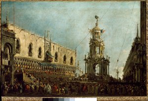 Dogen av Venezia deltar på fastelavnsfeiringen på Piazzetta di San Marco (olje på lerret av Francesco Guardi