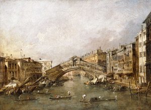 Rialtobroen, Venezia, med gondoler i forgrunnen, av Francesco Guardi