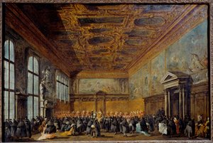 Publikum bevilget av Doge of Venezia (sannsynligvis Alvise IV Mocinego (1701-1778)) i College Hall ved Ducal Palace of Venezia Maleri av Francesco Guardi (1712-1793) 1766-1770 Søn. 0,67 x 1,01 m av Francesco Guardi