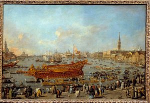 Bucentaurens (Bucentoro) avgang mot Lido i Venezia på Kristi himmelfartsdag Maleri av Francesco Guardi (1712-1793) 1766-1770 Søn. 0,66x1,01 m - Bucentaurens (Bucentoro) avgang til Venezias Lido for Kristi himmelfartsseremonien. Pai av Francesco Guardi