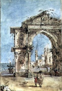 Triumfbue på bredden (penn og brunt blekk, vask, akvarell, forsterket med hvitt) av Francesco Guardi