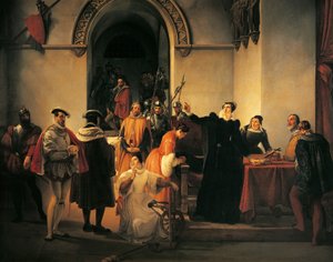 Mary Queen of Scots protesterer over sin uskyld foran sheriffene mens hennes dødsdom blir lest opp, av Francesco Hayez (1791-1882) av Francesco Hayez